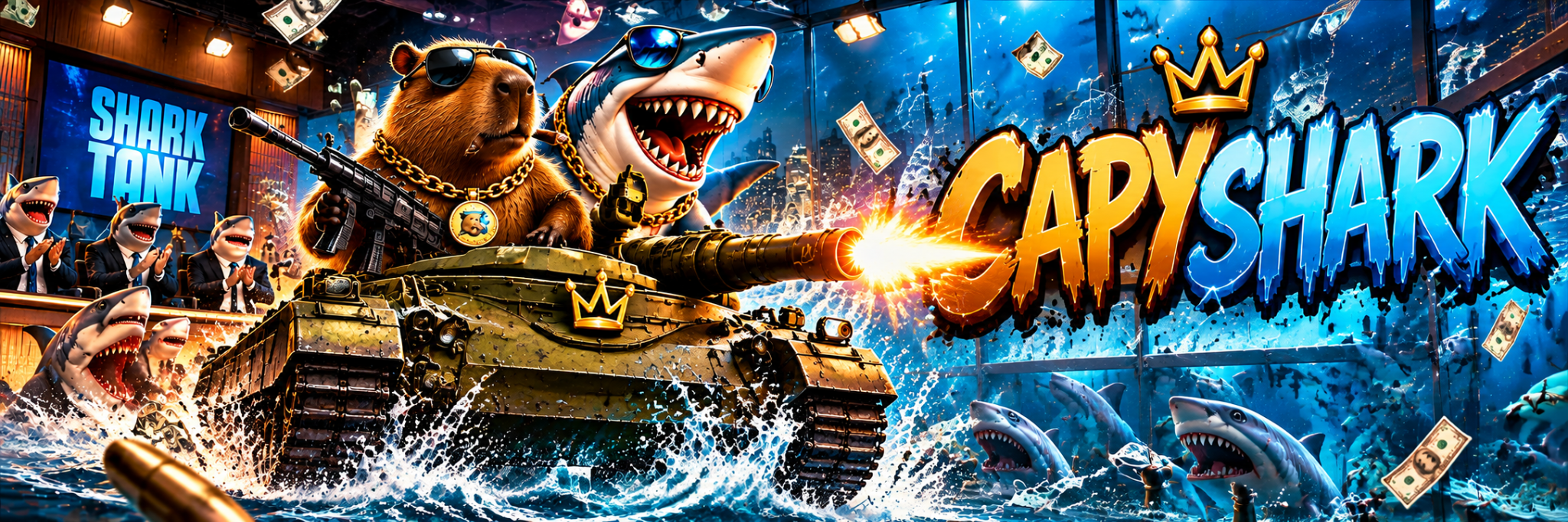 Capybara and shark riding a tank through a neon aquarium